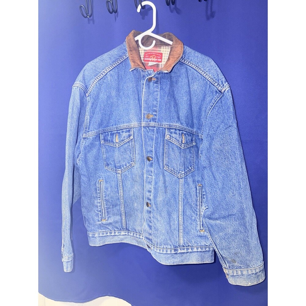 Vintage Marlboro Denim Trucker Chore Jacket Size LG 90's Leather Collar Cotton